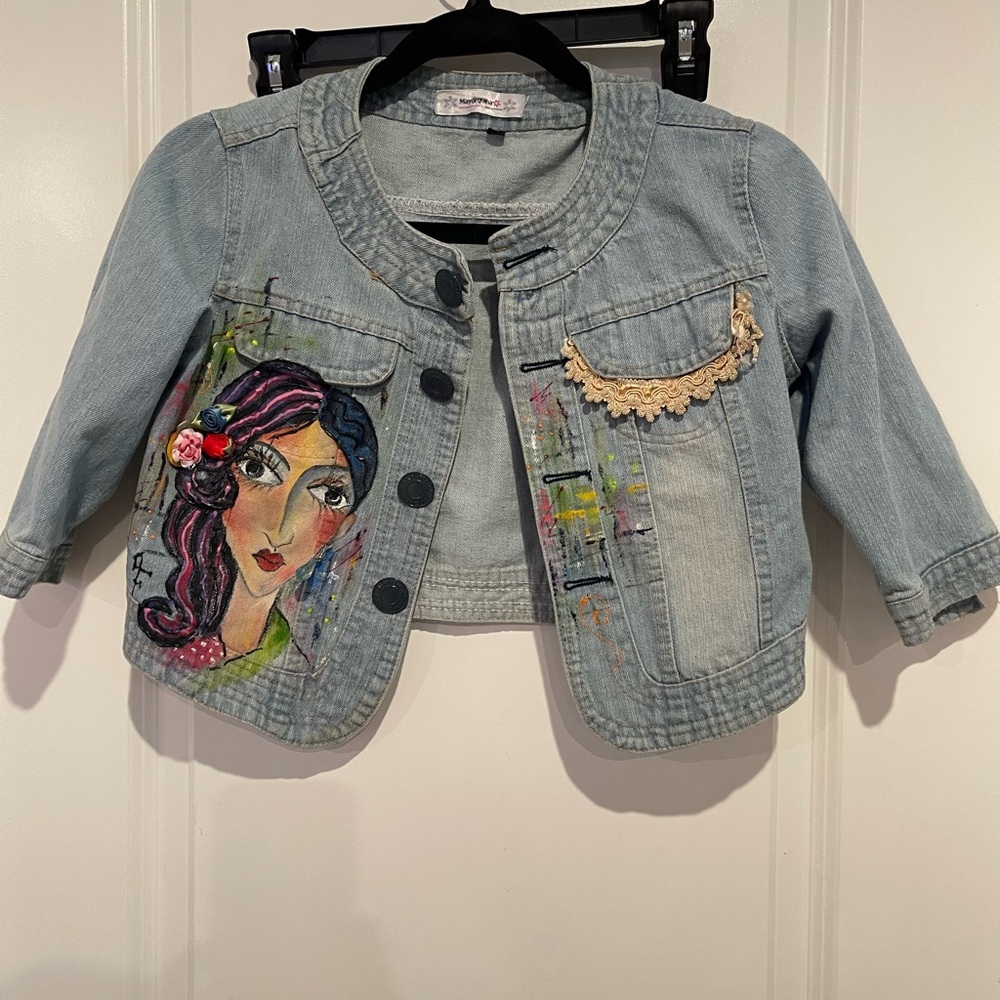 Girls' Light Wash Denim Jacket with Painted Portrait